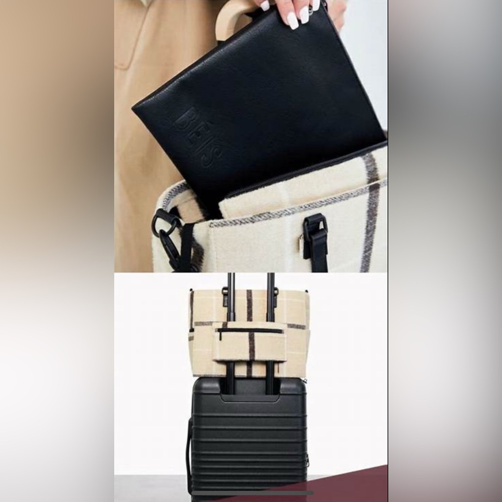 BEIS Beige Plaid Tote with Black Handles - Picture 3 of 16